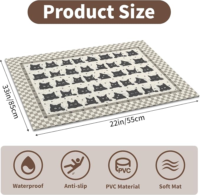 Cat Litter Mat 33" x 22" for Litter Box, Non-Slip Washable Floor Mat with Litter Trapping Design, Scatter Control for Cats and Kittens, Black Beige