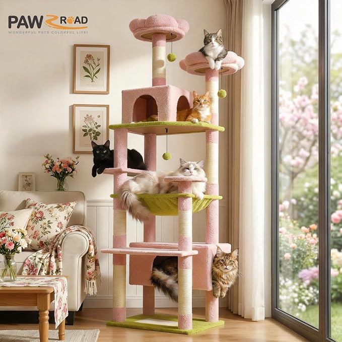 PAWZ Road Flower Cat Tree 72" Cat Tower with Condos&Hammock for Large Cats | cute cat tree in pink&green, 20"×16" hammock for adult cats, 7 scratch posts + pad, dual condos&perches for multi-cats