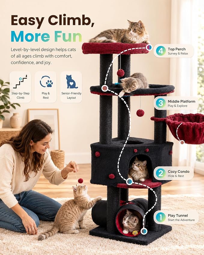 Cat Tree Tower for Large Cats Adult - 60 Inch XXL Sturdy Heavy Duty Extra Wide Scratching Posts (φ4.4in) Condo - Indoor Big Cat House Hammock Perch - XL Wood Multi Level Feline Pet Bed Trees Houses