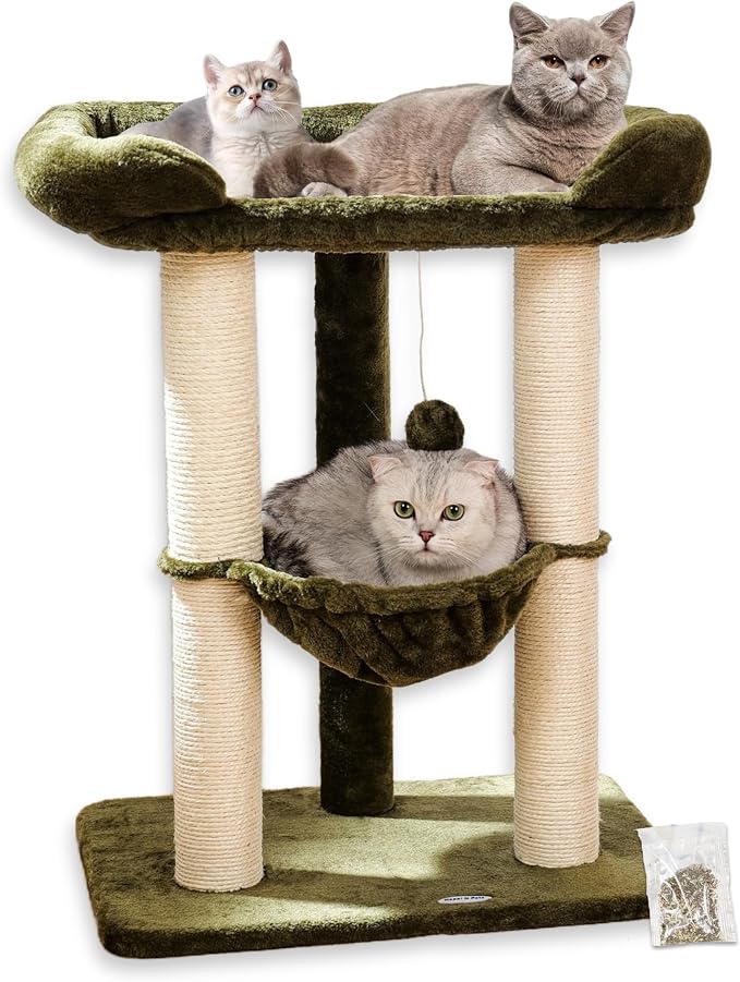 Happi N Pets 28" Cat Tree, Large Bed for Big Cats, Small Cat Tower with Soft Perch for Window Viewing, Stable Cat Tree Tower, Cat Scratching Post with Hammock, Removable Cover-Green