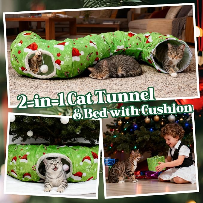 Christmas Cat Tunnel Tree Skirt – Warm Flannel Donut Tunnel Bed with Soft Cushion & Hanging Ball Toy, Peekaboo Cat Cave Under Tree for Indoor Cats to Prevent Christmas Tree Falling, Festive Green