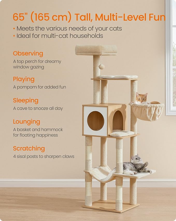 Feandrea Cat Tree, 65-Inch Tall Cat Tower, Multi-Level Condo with Cave, Basket, Hammock, Pompom, Scratching Posts, Almond Yellow UPCT118Y01