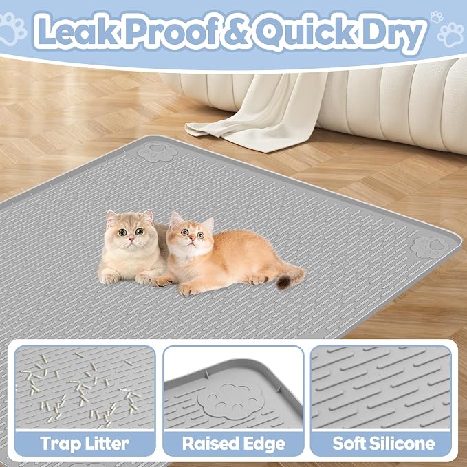 Silicone Cat Litter Mat for Litter Box 34”x22” Large Cat Mat, Light Grey | Waterproof, Non-Slip, Leak-Proof Rug Mat with Lip, Easy to Clean, Extra Large Litter Catcher Mat for Floor
