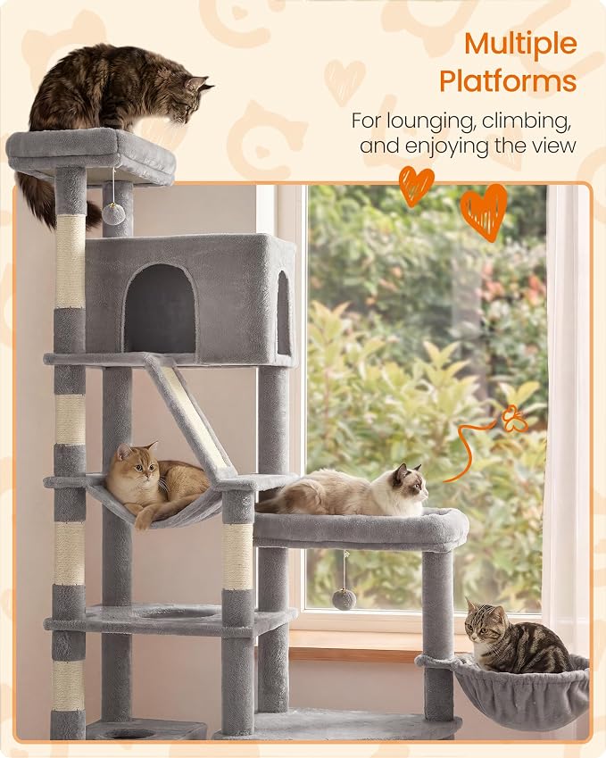 Feandrea 74.1-Inch Cat Tree Tower for Indoor Extra Large Cats, with Scratching Posts, Scratching Board, Multi-Level Design, Dove Gray UPCT016G101S