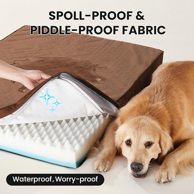 OhGeni Orthopedic Waterproof Dog Bed for Large Dogs, Machine-Washable Removable Cover in Easy-Clean Fabric, Reversible Memory Foam & Easy-Carry Handle, Suitable for Crate, 41 inch (Brown)