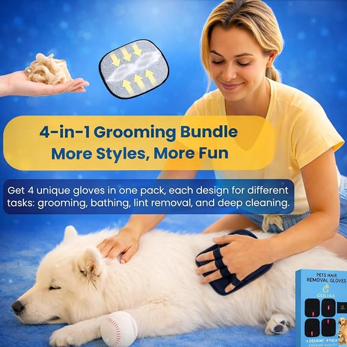 4 Pack Pet Hair Removal Glove for Dogs & Cats, 4 Designs Electrostatic Magic Brush Pet Hair Remover, Reusable Dog Hair Remover, Washable Pet Grooming Tools for Carpet, Sofa, Clothes & Car Seats