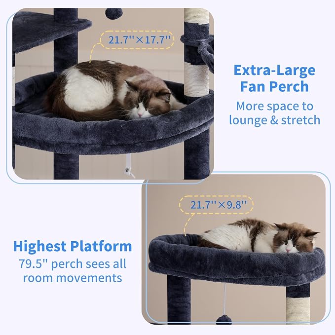 Heybly Tall Cat Tree for Large Cat, 80-inch Multi-Level Cat Tower HCT038G | Condo Furniture for Indoor Cats with Large Baseboard, 2 Widened Plush Perches, Scratching Board, Big Caves, Smoky Gray