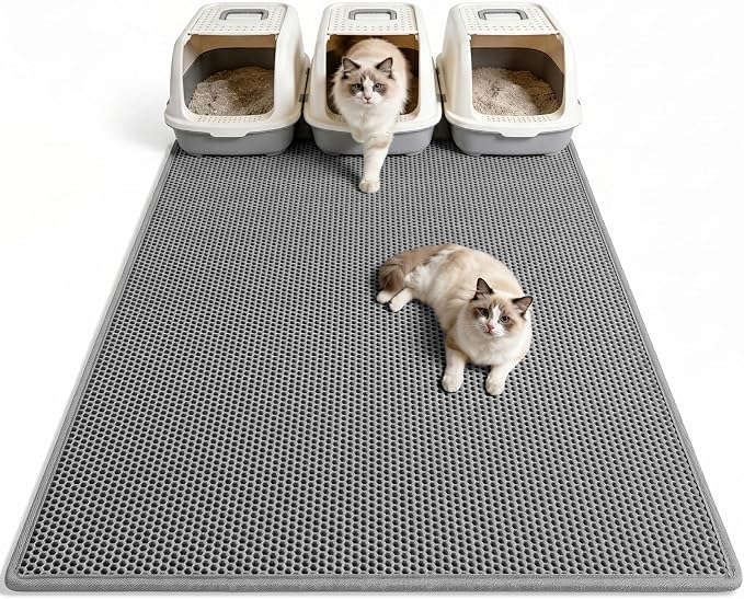Pieviev Cat Litter Box Mat, Double-Layer Urineproof Design, 47" x 36" Gray | Honeycomb Litter Trapping Mat Captures Scattered Particles to Stop Tracking, Waterproof Base Protects Floors, Easy to Clean