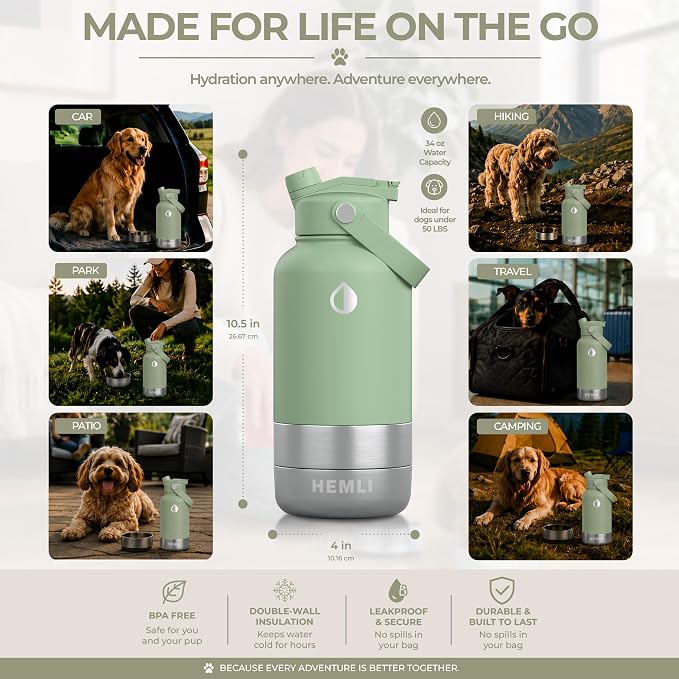 32 oz. Dog Water Bottle, Insulated Dog Travel Water Bottle, Stainless Steel Pet Water Bottle Dispenser Portable Food and Water Bowl for Dogs for Walking Dog Canteen Travel Kit