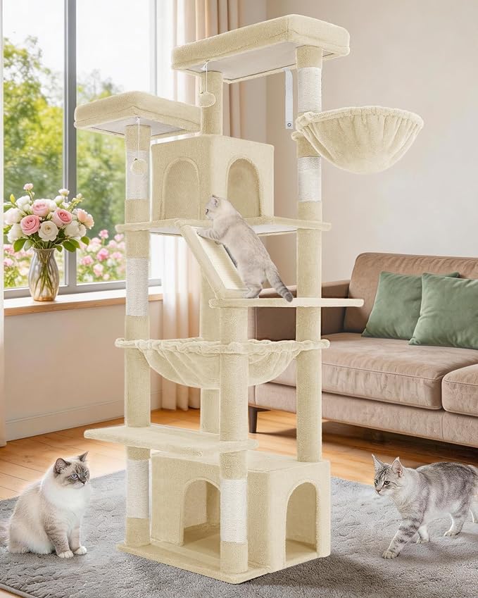 Hzuaneri Large Cat Tree, 72 Inch Tall Multi-Level Cat Tower for Indoor Cats | Cat Condo Furniture with 6 with Sisal Scratching Posts, 2 Large Platforms, 2 Cats House, Hanging Basket, Beige MS18318YG
