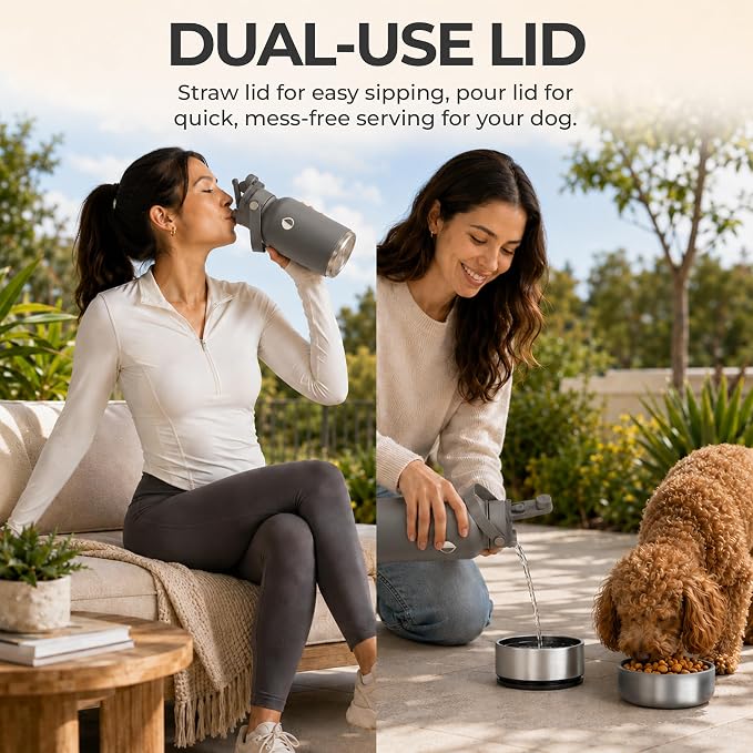 32 oz. Dog Water Bottle, Insulated Dog Travel Water Bottle, Stainless Steel Pet Water Bottle Dispenser Portable Food and Water Bowl for Dogs for Walking Dog Canteen Travel Kit