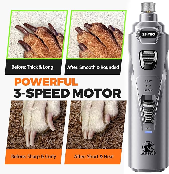 Whisper Quiet Dog Nail Grinder Safe & Stress-Free for Sensitive Dogs Cats | 4 LED Lights,3 Grinding Bits, 3-Speed, Pet Nail Trimmers, Rechargeable Painless Grooming Kit for All Breeds & Sizes