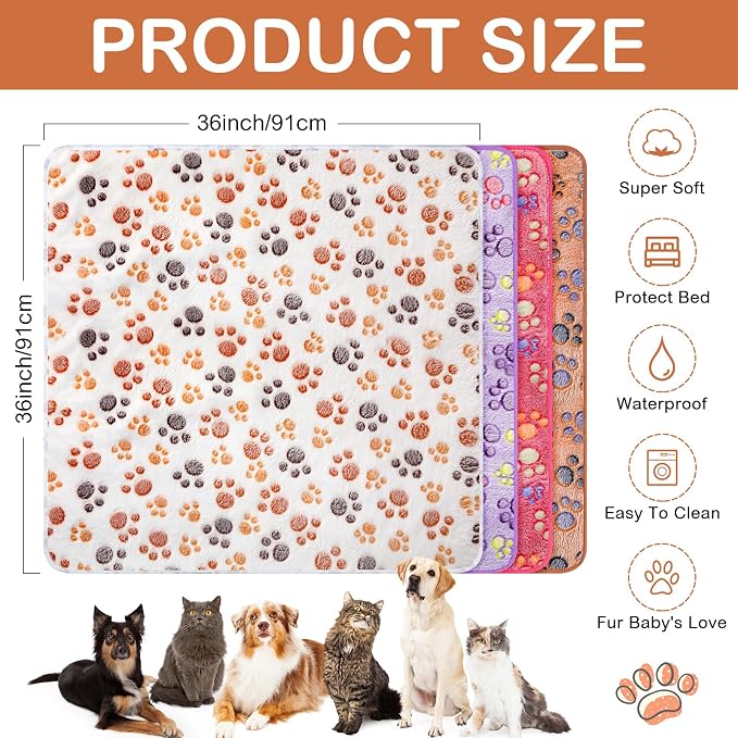 Panelee 36 x 36 Inch 4 Pcs Washable Dog Blankets Waterproof Cute Paw Print Fleece Blanket Reusable Puppy Blankets for Small Medium Pet Cat Whelping Warm Soft Mat Guinea Pig Cage Liners