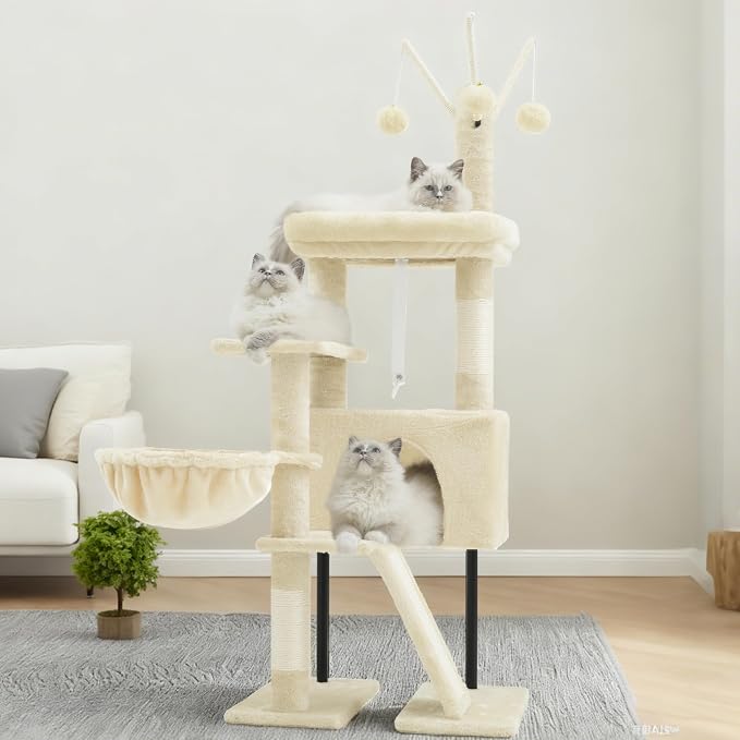 Cat Tree Tower for Indoor Cats, Top Platform with Toy, GCT006SM | 49.2 inch Cat Condo House, Sturdy Base, Scratching Post & Board, 3 Balls, Hanging Basket, Small Cats and Kittens, Beige