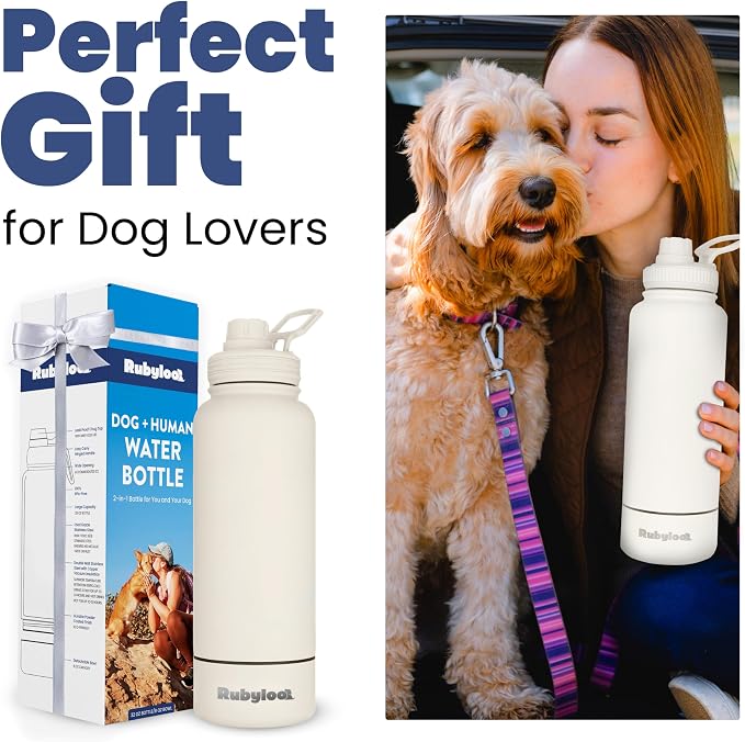 Dog Water Bottle for Dog Lovers - 32 oz Stainless Steel Double Wall Insulated Water Bottle with 8 oz Detachable Bowl on Bottom for Doggy Lovers for Hiking, Walks, Travel - Cream