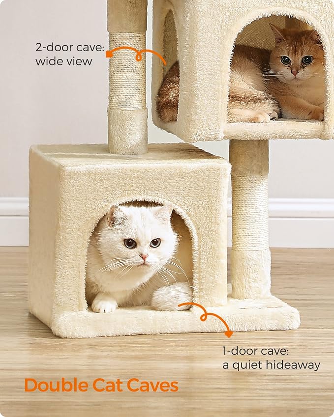 Feandrea Cat Tree, 26.4-Inch Cat Tower, Plush Condo for Kittens up to 7 lb, Large Perch, 2 Caves, Scratching Post, Beige UPCT611M01