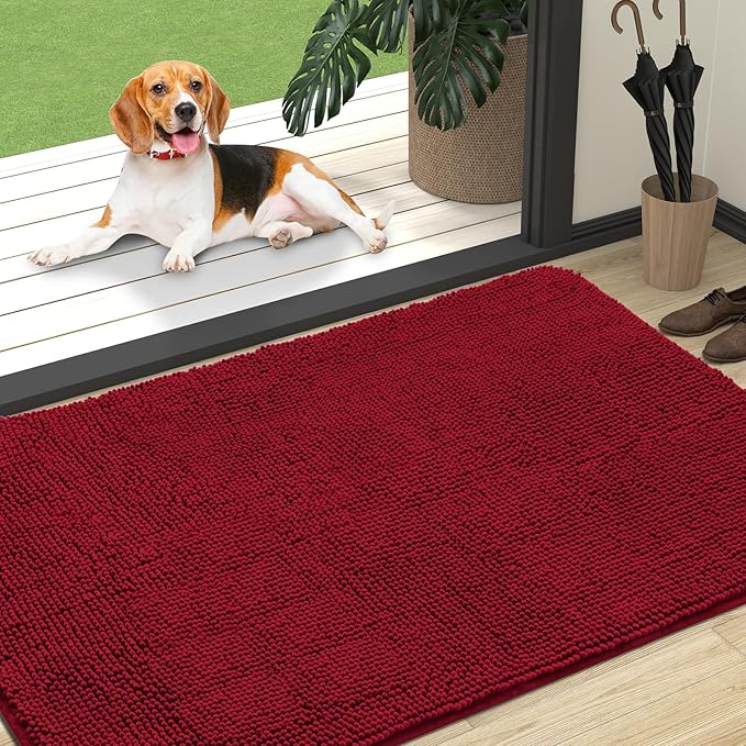 OLANLY Dog Door Mat for Muddy Paws 47x32, Super Absorbent Chenille Mud Mat | Red, Absorbs Moisture and Dirt, Non-Slip Machine Washable Doormat, Quick-Drying Indoor Entryway Floor Carpet for Dogs