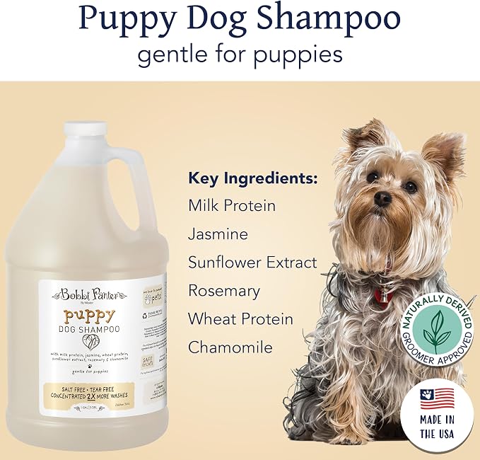 Bobbi Panter Puppy Dog Shampoo Milk Protein, Jasmine, Sunflower & Chamomile – Gentle Nourishing Formula for Puppies & Sensitive Skin, Tear-Free, 30:1 Concentrate, Made in USA, 1 Gallon
