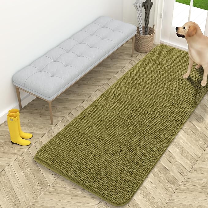 OLANLY Dog Door Mat for Muddy Paws 59x24, Super Absorbent Chenille Mud Mat | Willow Green, Absorbs Moisture and Dirt, Non-Slip Machine Washable Doormat, Quick-Dry Indoor Entryway Floor Carpet for Dogs