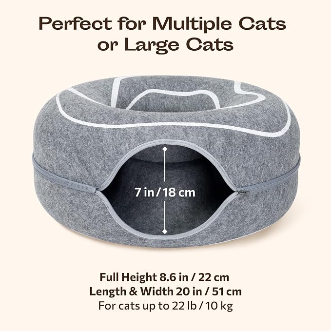 Peekaboo Cat Cave Donut - Cat Tunnel Bed for Indoor Cats – Cute Patterns Hideaway for Multiple & Large Cats, Scratch-Resistant (Dark Gray)