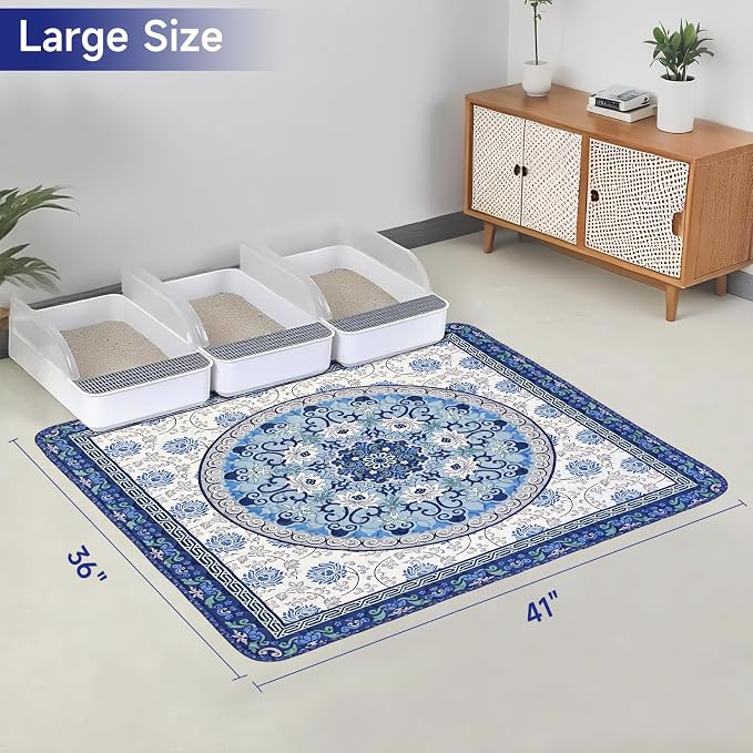 Cat Litter Mat, Reusable Kitty Litter Trapping Mat 2 PCs, 41"x36" Washable Litter Mats for Cats, Waterproof & Non-Slip Compatible with Cat Box (Indigo Blue Medallion, 41"x36"(2 PCS))