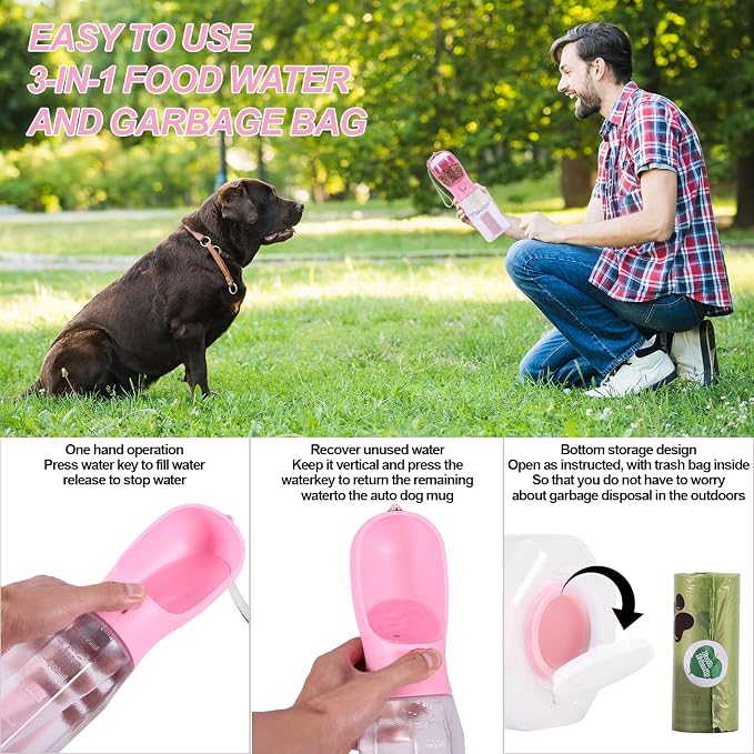 3-in-1 Portable Dog Water Bottle Dispenser,Crate with Food Container, Replaceable Waste Bags,Dog Stuff Accessories Items, Puppy Essentials Necessities,for Walking&Hiking (20oz-Pink)