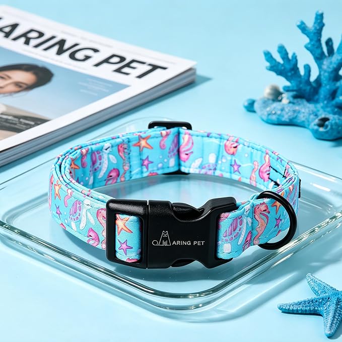 ARING PET Summer Dog Collar, Cute Blue Starfish Seahorse Doggy Collars for Puppy Small Medium Large Boy Girl Dogs Pet, for Daily Photos Outdoor Beach Walking Picnic, L