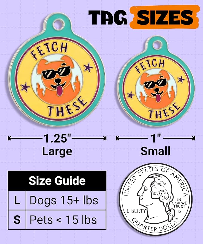 Bad Tags Personalized Dog and Cat ID Tags in 25+ Designs and 2 Sizes - 5 Lines of Custom Engraved Text - Funny Cute Personalized Pet Tags (Fetch These, Large (1.25 inch))