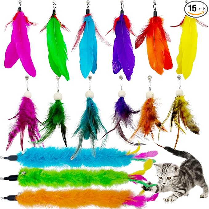 15 Pieces Cat Feather Toy Refills, Cat Toys Wand Replacement Attachments Assorted Feathers Toy for Indoor Cats
