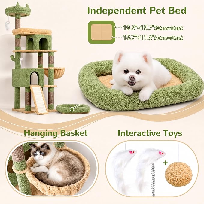 Globlazer Heavy Duty Cactus Cat Tree for Large Cats, Sturdy 72in Maine Coon Cat Tree for Large 20 lbs+ Cactus Cat Tower for Adult Biggest Cats with 6 Scratching Posts, Hammock, S72, Green