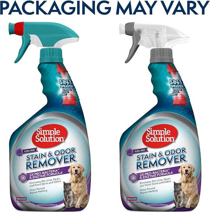 Simple Solution Pet Stain & Odor Remover, Enzyme Stain Cleaner, 32oz | Dog Stain & Odor Remover, Pet Urine Enzyme Cleaner, Dog Urine Carpet Cleaner, Pet Odor Eliminator, Floral Fresh Scent