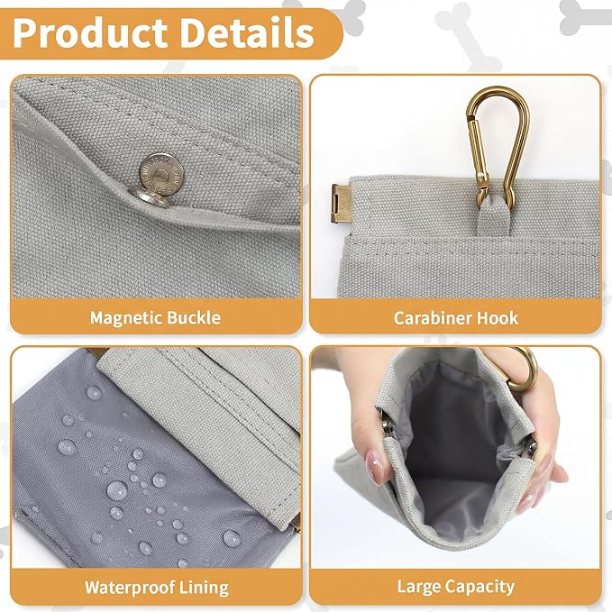 Dog Treat Pouch for Pet Training, Carabiner & Magnetic Buckle, Grey | Hand Free Dog Training Treat Bag, Auto Closing Dog Walking Bag for Puppy Travel or Outdoor Use, Pet Feed Snack Reward Pocket