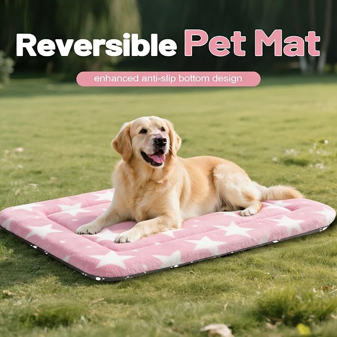 Dog Bed Mat, Reversible Crate Pad & Durable Dog Bed - Machine Washable Kennel Mat with Ultra Soft for Large Dogs (Big&Small Stars Pink, 35" L*23" W*1.5" Th)