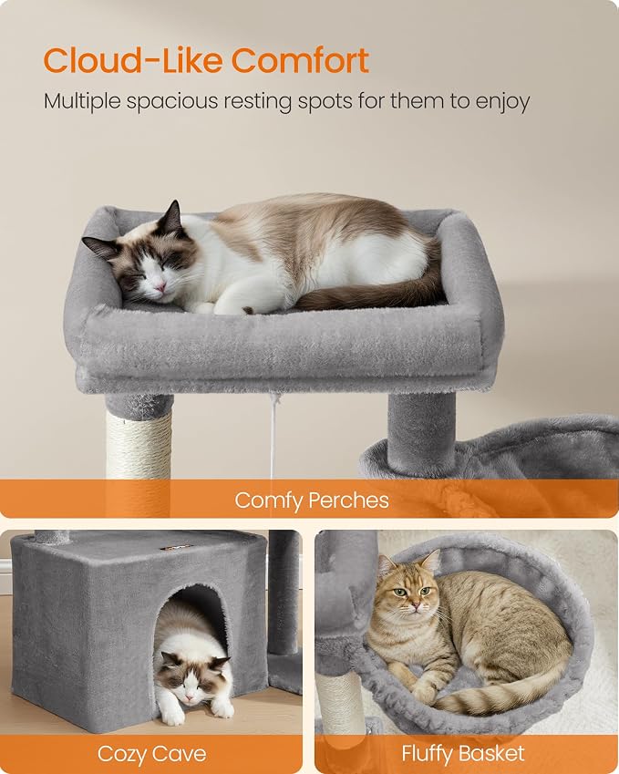 Feandrea Cat Tree, Cat Tower Condo with Scratching Posts and Ramp, 2 Large Perches, Cave, Basket, 33.8 Inches Tall, Dove Gray UPCT013GD02S