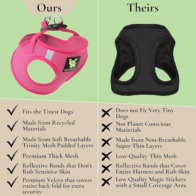 EcoBark Pink XXXS Dog Harness, Soft Mesh No Pull Mini Body Halter for Toy Breeds up to 10in, Escape Proof, Recycled Straps, Adjustable, Teacup Dog Harness Vest Under 5lbs
