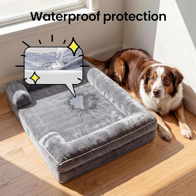 OhGeni Orthopedic Dog Bed Couch Cat Sofa for Large Sized Pets with Memory Foam, Machine-Washable Waterproof Removable Cover, Soft Comfortable Fabric, 35-inch (Gray)
