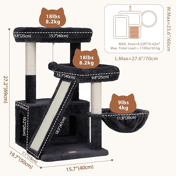Heybly Compact Cat Tree with Big Scratcher, Stable Cat Tower HCT206SG | 27.2" Cat Furniture with 2 Top Perches, Floor Cat Condo, Cozy Hammock, Space-Saving Cat Activity Center, Smoky Gray
