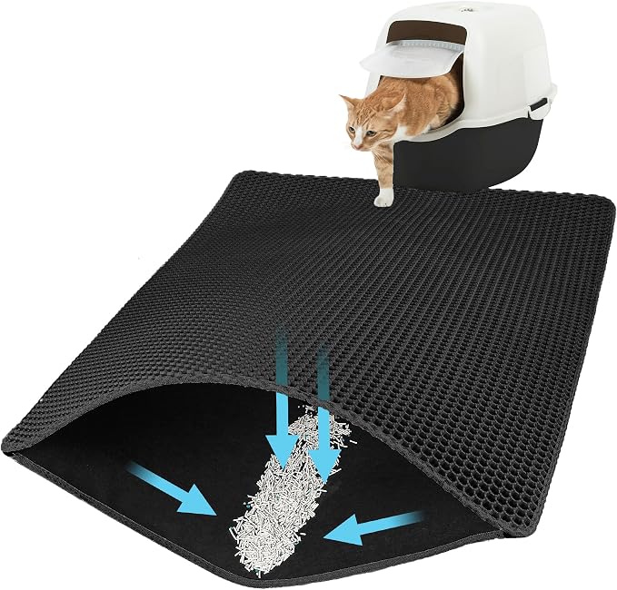Cat Litter Mat 30"x24" Upgraded Urine-Proof Non-Slip Black | Large double-layer honeycomb catches all types of litter, soft & durable, BPA-free, easy clean, upgraded bottom, large mat.