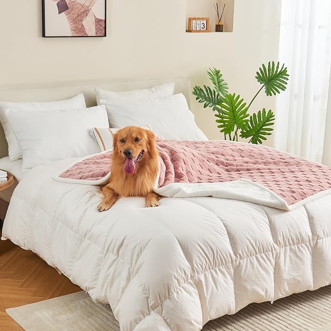 Checkered Waterproof Blanket for Bed Couch Sofa Car, Fluffy Soft Dog Blanket with 3D Jacquard Grid Pattern, Reversible Leakproof Pet Blankets for Dogs Cats Puppies, Dusty Pink, 60"x80"