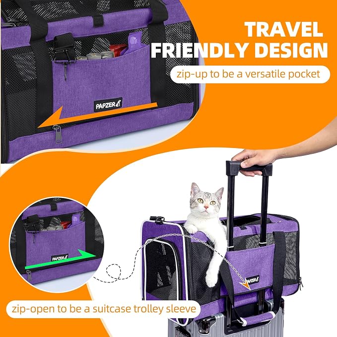 Cat Carrier Soft-Sided Travel Bag for Medium to Large Cats Over 15lbs, Small Dog Carrier Crate Top Entry Breathable Mesh Puppy 12 Pounds, Pet Rabbit Carrying Cage Kennel Collapsible Purple