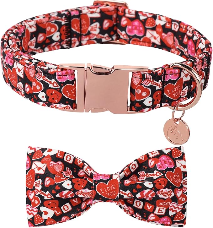 DOGWONG Valentine's Dog Collar with Bow - Cute Heart Bowtie Dog Collars, Adjustable Valentine Pink Candy Heart Pet Design Dog Collar with Quick Release Buckle for Puppy Girl Boy Dogs