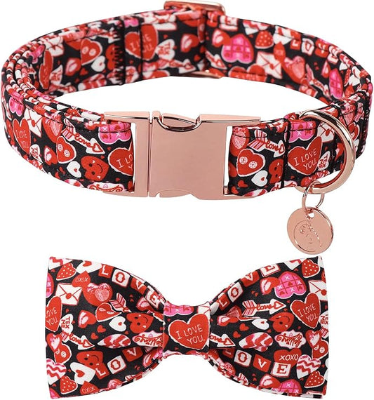 DOGWONG Valentine's Dog Collar with Bow - Cute Heart Bowtie Dog Collars, Adjustable Valentine Pink Candy Heart Pet Design Dog Collar with Quick Release Buckle for Puppy Girl Boy Dogs