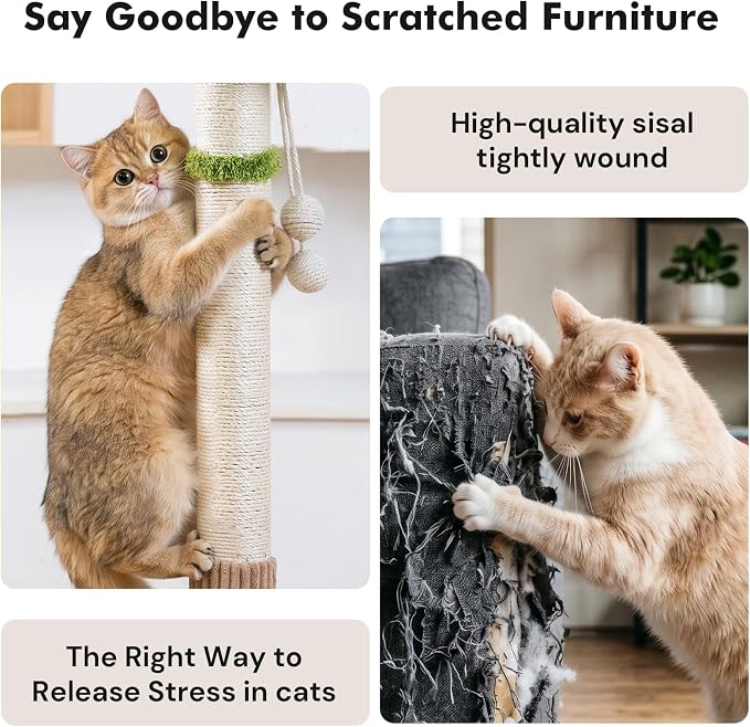 WOOCHPET Cat Scratching Post for Indoor Cats 35" Tall, Sisal Cat Scratcher with Mouse Toy and Track Balls, Wooden Base (Beige)