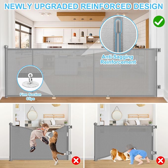 196 Inch Retractable Baby Gates Extra Wide, 41 Inch Reinforced Extra Tall Gate for Large Openings, Mesh Safety Gate for Kids Pets, Retractable Dog Gate for Pool Garages Doorway Indoor Outdoor, Gray