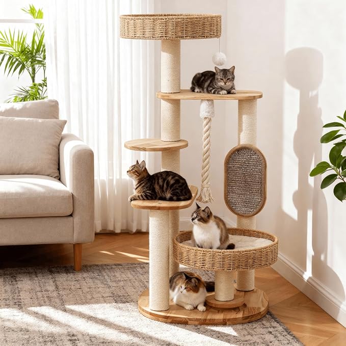 48in Natural Wood Cat Tree for Large Cats, Big Modern Cat Tower | Sturdy Cat Condo, Tall Modern Design, with Scratching Post and Hand-Woven Cat Basket, for Multi Adult Cats, Easy to Clean
