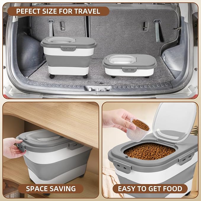 Dog Food Storage Container 17 lb, Airtight Pet Food Storage Containers with Wheels & Removable Sealed Lid, Collapsible Cat Food Containers Dry Food with Scoop and Measuring Cups