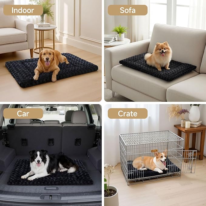 Exsnugy Washable Dog Bed Mat Medium Size Fluffy Pet Crate Pad 30x19 | Non-Slip Bottom Kennel Beds Ultra Soft Comfy Sleeping Mattress for Large Medium Small Dogs Black