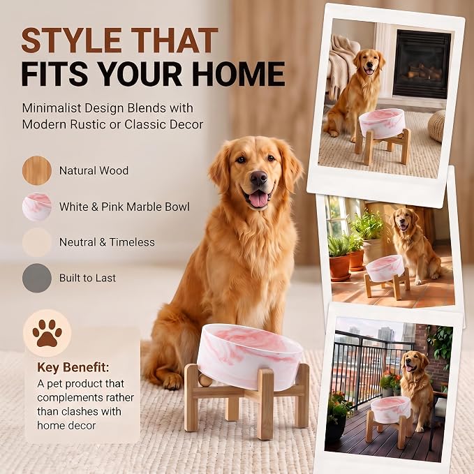 hjn Elevated Ceramic Dog Bowl 15°Slanted Raised Dog Bowl with Bamboo Stand for Small Medium Dogs and Cats, Pet Feeder -7.6-Cup (1800ml)-Marble Pink