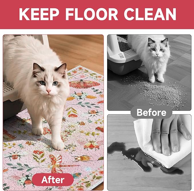 Cat Litter Mat, 24" x 16" Litter Mat, Traps 100% Cat Litter, Non-Slip Litter Box Trapping Mat, Cute Decor Litter Mat, Easy Clean for Scatter Control, Waterproof Urine Protection