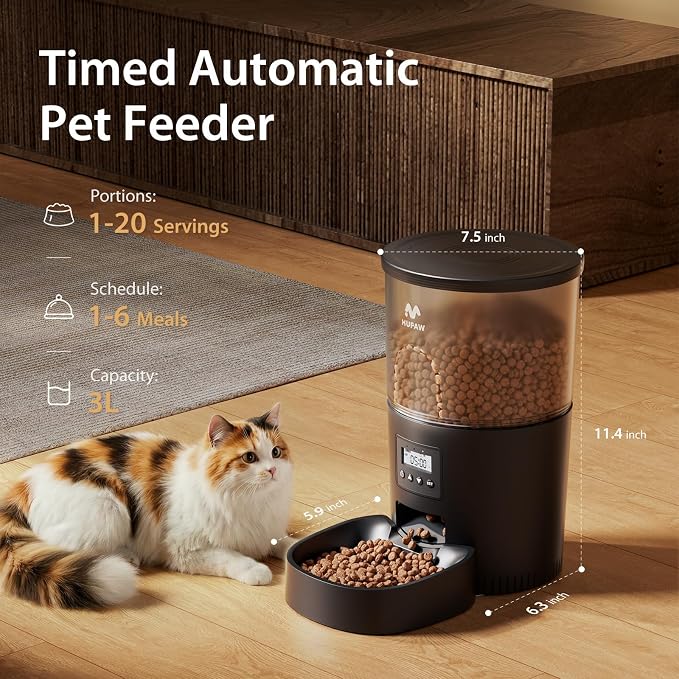 IMIPAW Automatic Cat Feeders, 3L Timed Cat Dry Food Dispenser, Dual Power Supply, Programmable Portion Size, 1-6 Meals Per Day, Auto Pet Feeder for Cats and Small Dogs, with Desiccant Bags
